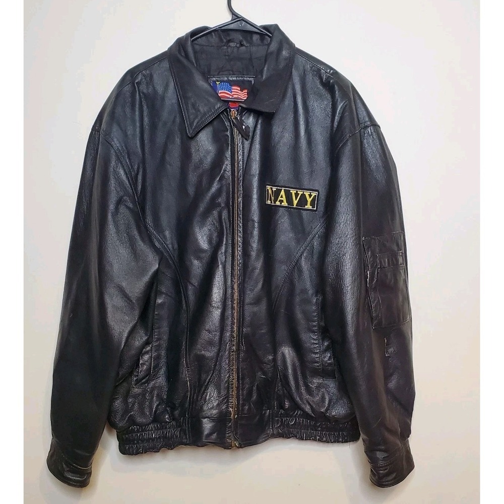 Vintage USA Navy Leather Bomber Jacket Mens XL Black Spellout Motto Eagle Crest